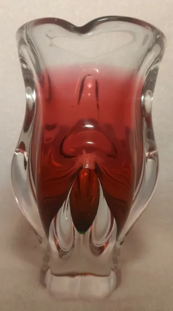 CHRIBSKA Josef Hospodka cranberry + clear cased heavy lobed art glass vase VGC