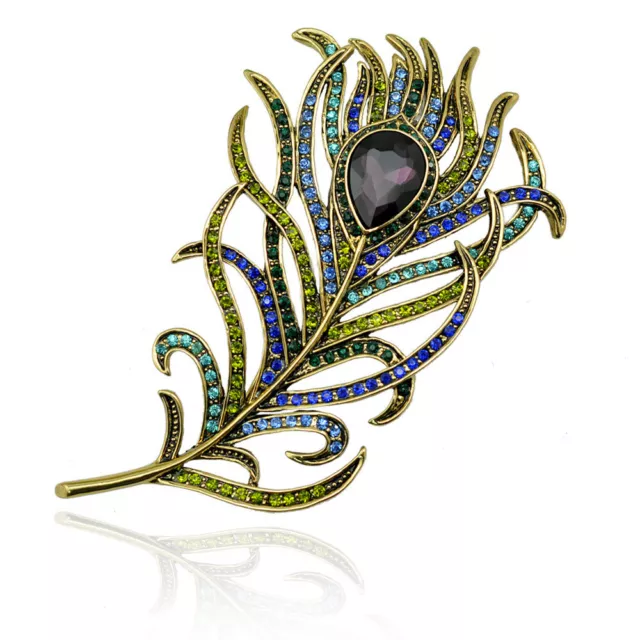 Vintage Women's Green Blue Crystal Big Peacock Feather Brooch Pin