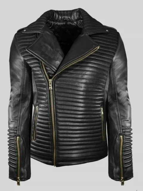 Noora Men's Fashion Real Lambskin Black Leather Motorcycle Quilted Jacket