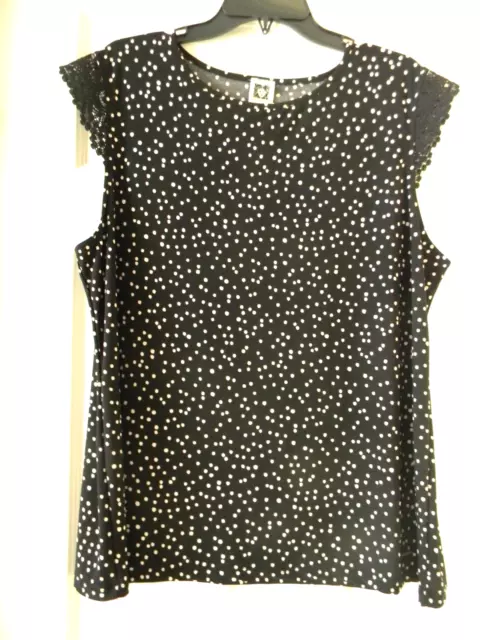 Anne Klein Blouse Women's Size XL Black/White Polka Dot Sleeveless, Lace Detail