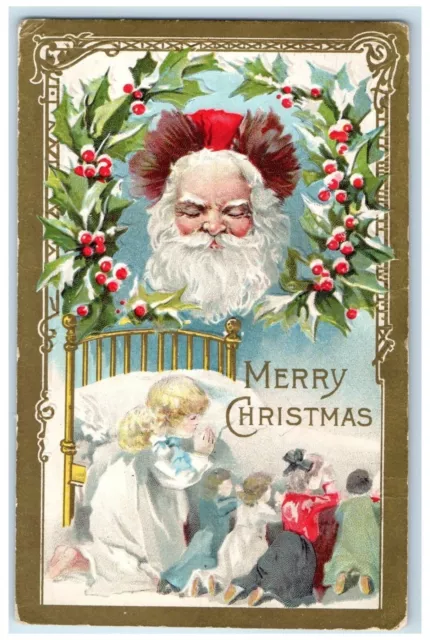 Christmas Santa Claus Children Praying Fantasy Embossed Winsch Back Postcard