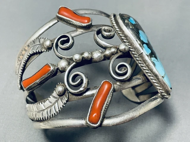 Important Godber Turquoise Vintage Navajo Sterling Silver Coral Bracelet