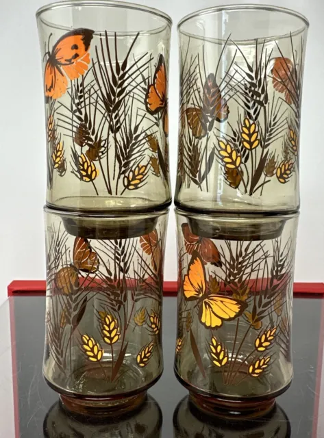 4 Vintage Libbey Juice Glasses Butterfly Wheat Brown Smoke Glass 3.75 inches