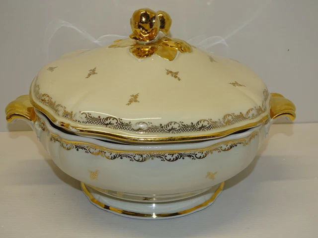 *BELLE SOUPIERE PORCELAINE de LIMOGES avec dorures PRISE de Main FRUITS dorés XX