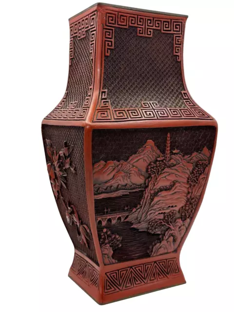 Vintage Chinese Cinnabar Large Carved Beautiful Asian Decor Red Vase