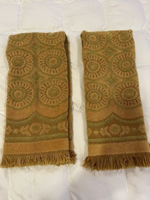 Vintage Fieldcrest Gold Green  Floral Cotton Fringe Hand Towel Made in USA