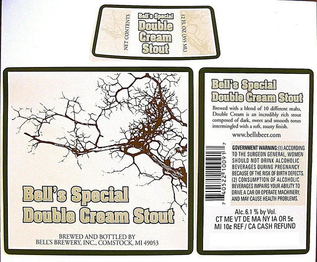 Bell's Brewery BELL'S SPECIAL DOUBLE CREAM STOUT beer label MI 12 oz Neck/Back