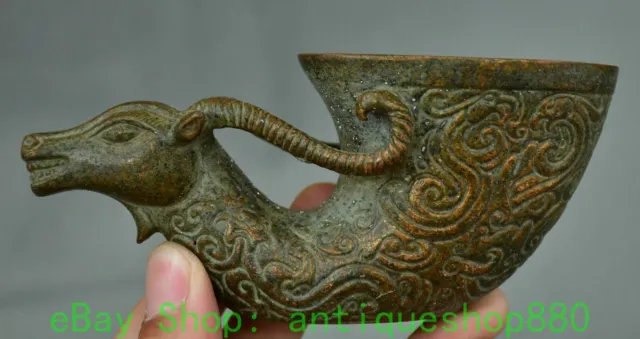 5.1'' Old Chinese Pure Bronze Dynasty Sheep Head Beast Wine Cup Mug Statue