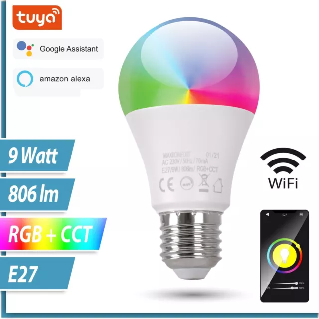 RGB LED SMART Leuchtmittel WiFi Lampe dimmbar CCT E27 Alexa Google Farbwechsel