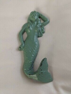 Cast Iron Antique Style Green Colored Mermaid Figurine Hook Nautical Bch Rustic