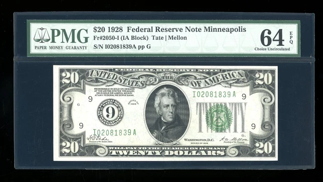 DBR 1928 $20 FRN Minneapolis Numeral Fr. 2050-I PMG 64 EPQ Serial I02081839A