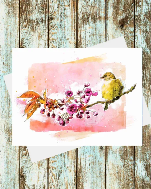 Set Of 6 Greeting Cards 5x7  Floral Flower and A Bird on a limb Watercolor art