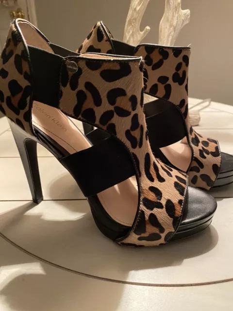 Women's Shoes Calvin Klein SONIA Hair Calf Platform Sandals Heels Leopard