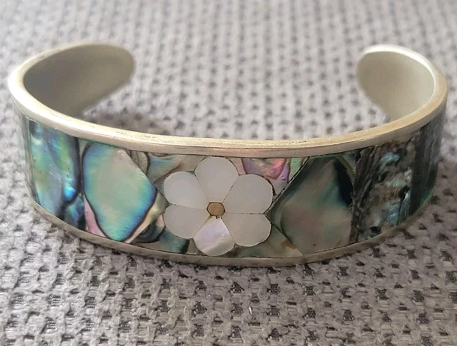 Bracelet Manchette Ancien En Alpaca (argent Sterling) Et Nacre - Vintage Mexico - N°2