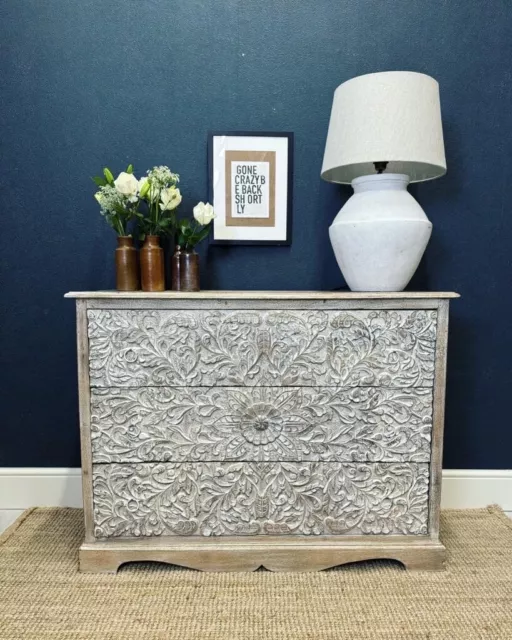 Mango Wood Carved Chest Of Drawers Floral Design