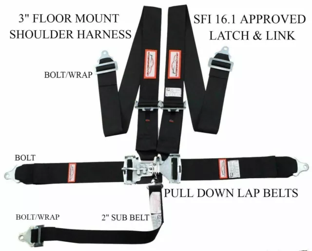 Racerdirect  New Sfi 16.1 Latch & Link 5 Point Racing Harness Seat Belt Black