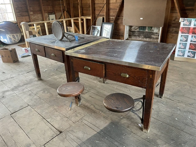 Rare Antique Vintage School Lab Work Drafting Oak & Cast Iron Tables Bench