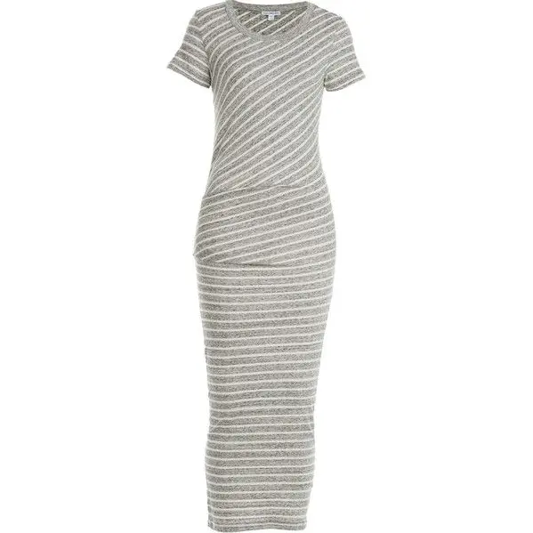 James Perse Women's Stripe Ruched Side Jersey Maxi Dress in Gray Size 2/MEDIUM