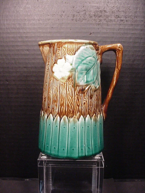 Majolica Antique Pitcher Jug Green Picket Fence Brown Rail Yellow Flowers 6.5"