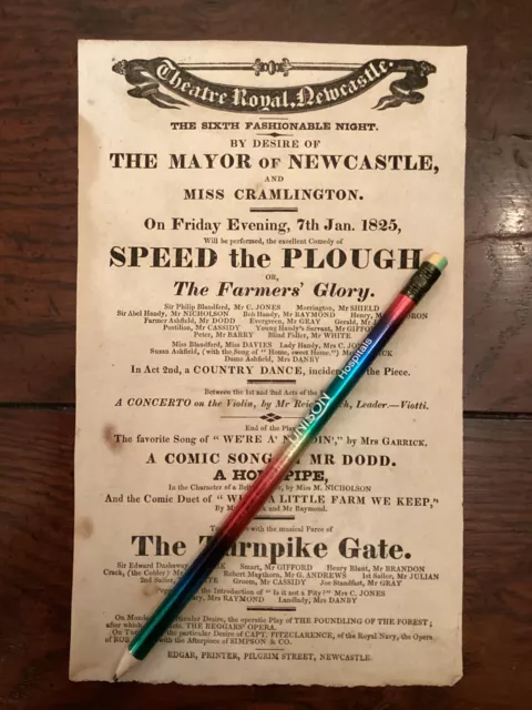 Georgian Playbill Flyer Theatre Royal Newcastle 1825 Speed The Plough