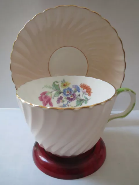Aynsley English Bone China - Teacup And Saucer - Salmon Pink Swirl With Flowers
