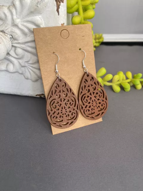 Laser-Cut Wooden Teardrop Dangle/Drop Earrings