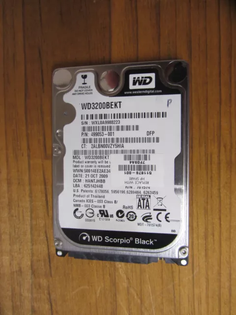 WD Scorpio Black 320 GB 2.5" 7200 RPM Sata II Hard Drive WD3200BEKT