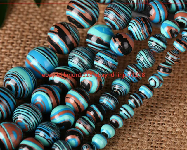 6/8/10/12mm Natural Blue Stripe Turkey Turquoise Gemstone Round Loose Beads 15"