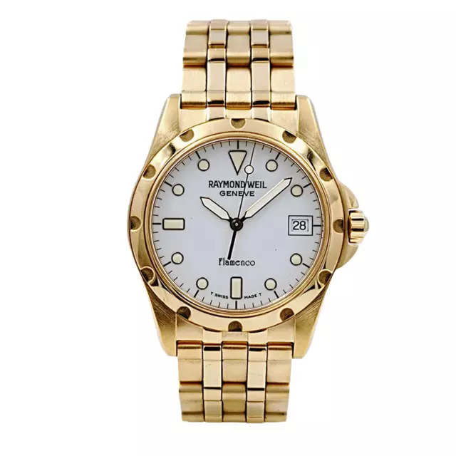 Men's Raymond Weil 36mm Flamenco 5570 Gold Plated Watch with White Dial.