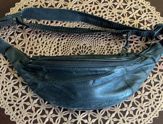 Vintage Black Patchwork Leather Fanny Pack, Waist Bag, Hip Belt, Travel Purse
