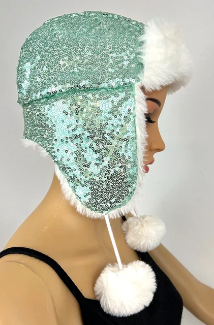 Girl's Capelli Sequin & Faux Fur Trapper Hat w/ Ear Flaps & Pom Poms, Size M/L