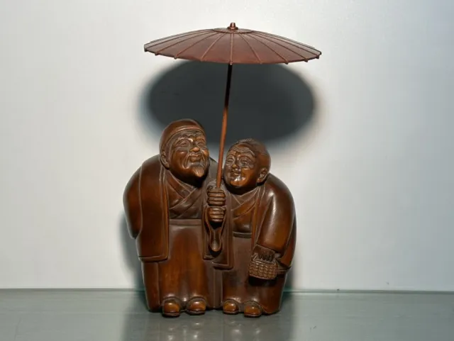 Chinese Vintage Boxwood Carving Exquisite Man And Wife Figure Statue Home Decor