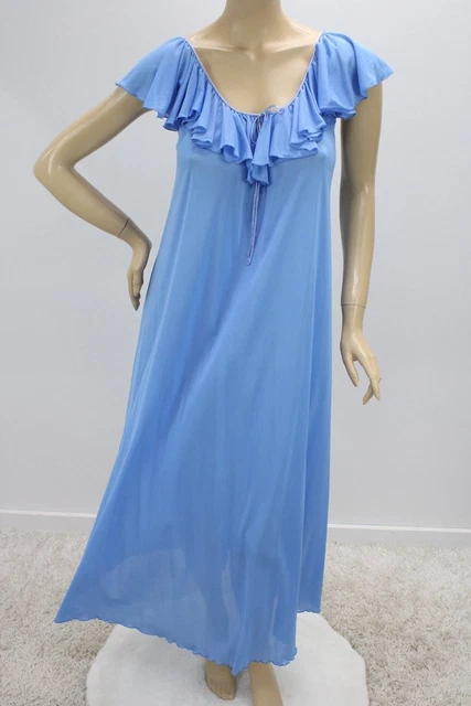 Vintage Miss Elaine Long Nightgown M Soft Nylon Blue Ruffled Sensual USA
