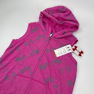Under Armour UA Girls YXL Pink Gray Logo Print Sleeveless Full Zip Hoodie Sz XL