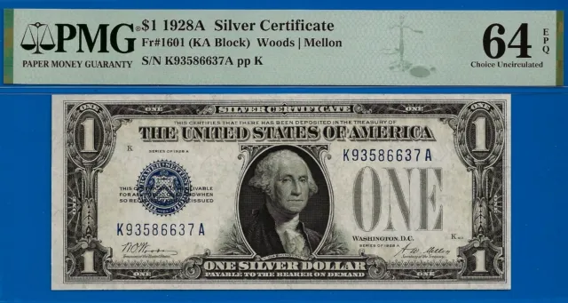 FR-1601 ✅ 1928-A $1 S/C (( Blue Seal 🔴 KA Block )) PMG 64EPQ # K93586637A