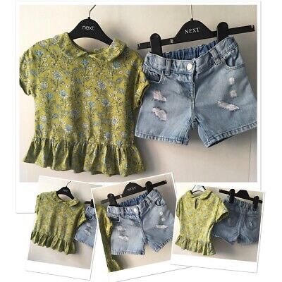Next baby girls summer distressed denim shorts & floral top outfit 18-24 months