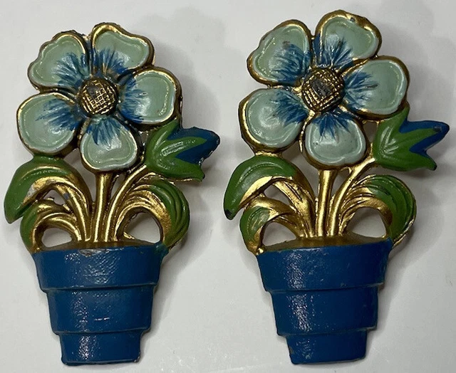 Pair of 2 Vintage Metal Blue Flower Curtain Tie Back Push Pin Tacks