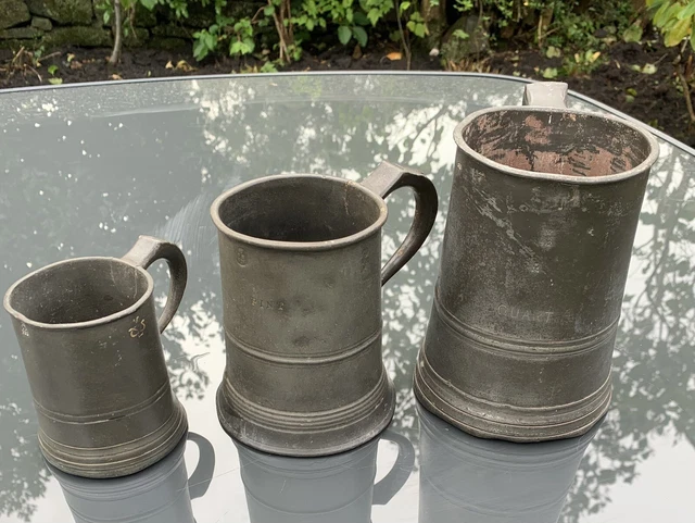 3 Pewter Antique Tankards : Quart, Pint,  1/2 Pint