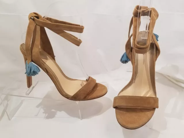 B Brian Atwood Tiara Camel Tan Suede Ankle Tie Heels Open Toe Sandal Women's 6 M