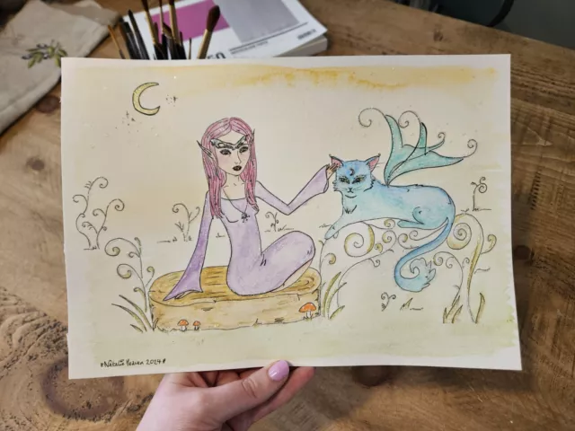 Sparkly Pink Elf Painting With Blue Moon Cat, Watercolour Glitter Art A4 Signed