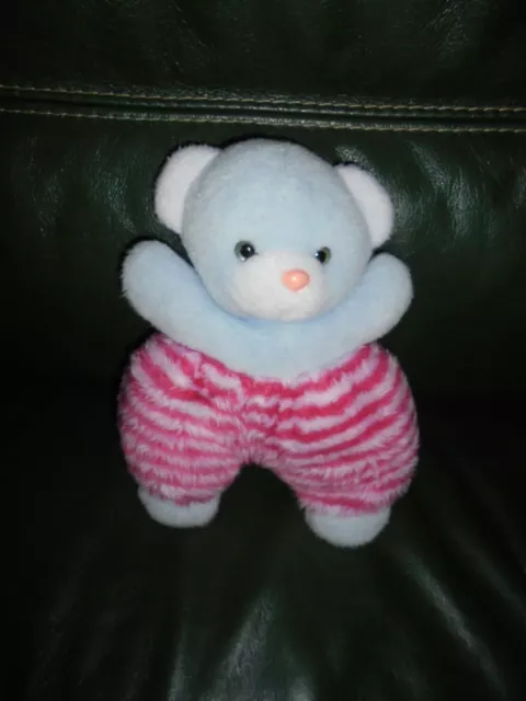 Doudou Minouche  Peluche Ours Bleu Rayé Rose Et Blanc Minouche 28 cm
