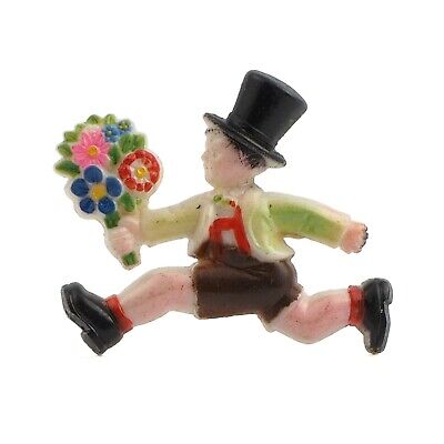 Art Deco vintage celluloid plastic pin brooch Victorian boy with flower bunch