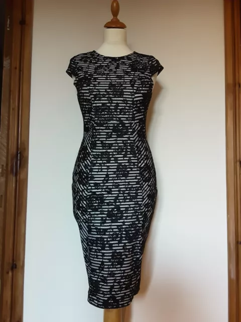 Warehouse Black & White Stripe Lace Bodycon Fitted Pencil Dress.  Size 8 2