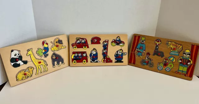 Wooden Peg Puzzle Animals Firemen Circus Lot of 3 Excellent Condition