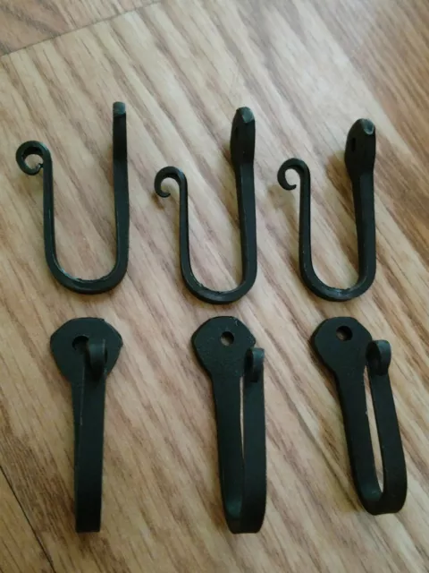 Amish forged black wrought iron nail hooks, set 6, Sturdy Strong & Durable metal