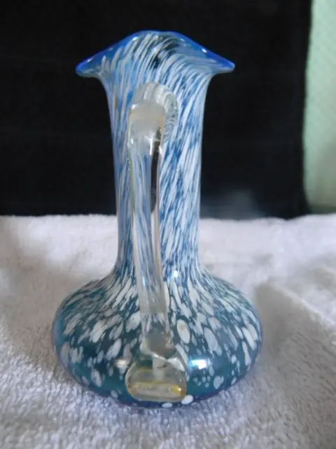 Vtg Hand Blown Pilgrim Art Glass Light Blue Splatter Small Pitcher 4 In