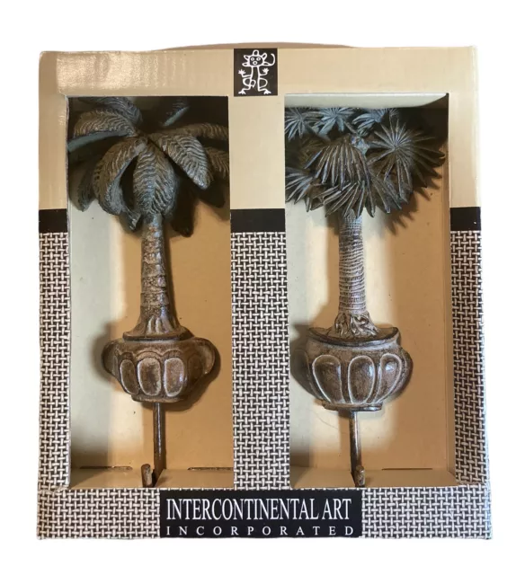 Tropical Brass Potted Palm Tree Wall Hanging Large 6.5” Hooks Set 2 Wall Mount