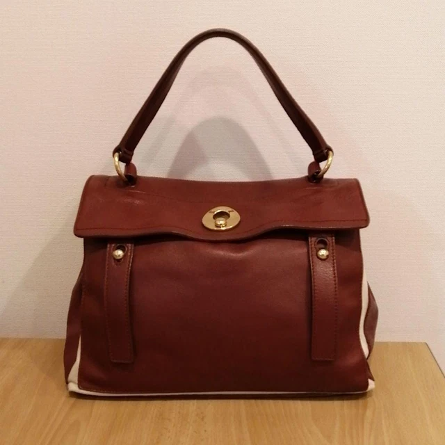 Yves Saint Laurent YSL Muse Two Shoulder Tote Bag Brown Beige Leather