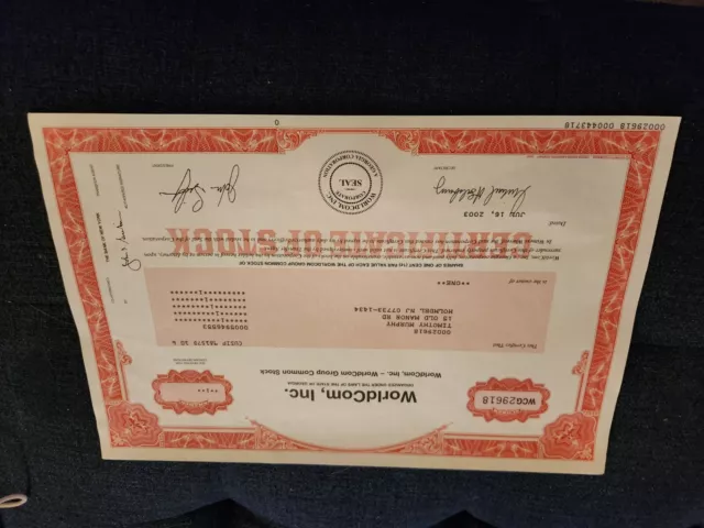 WorldCom stock certificate infamous scandal Uncanceled