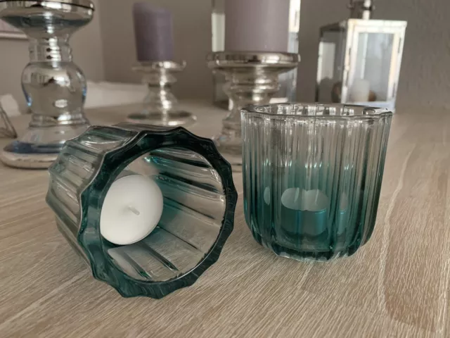 2x Kerzenständer Teelichthalter Windlicht Edel Design Sylt Glas Blau Türkis 8 cm